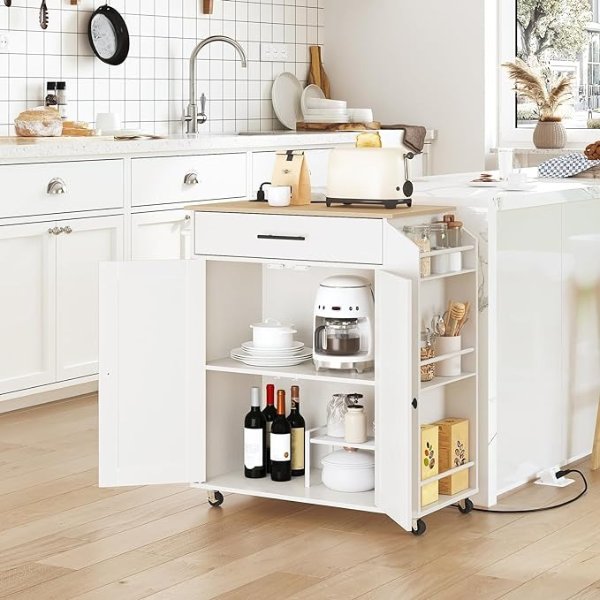Kitchen Island with Power Outlet, Kitchen Storage Island with Spice Rack and Drawer, Rolling Kitchen Cart on Wheels, for Home, Kitchen and Dining Room, White and Natural WN82UZD01G1