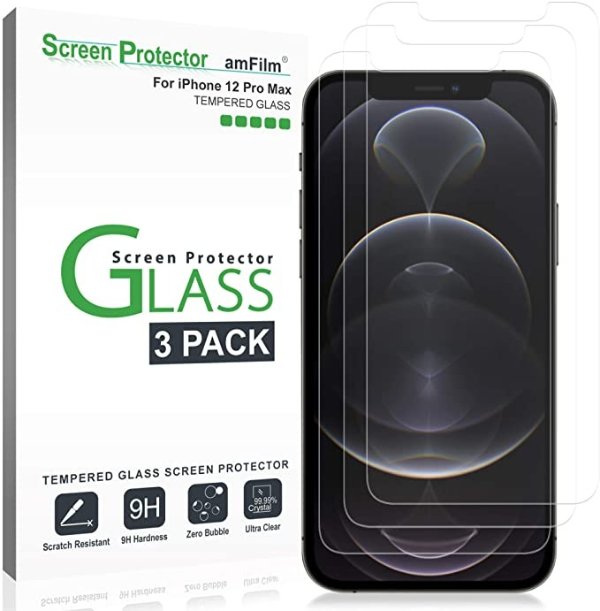 Glass Screen Protector Compatible for iPhone 12 Pro Max (6.7" Display, 2020), Tempered Glass with Easy Installation Tray (3 Pack)