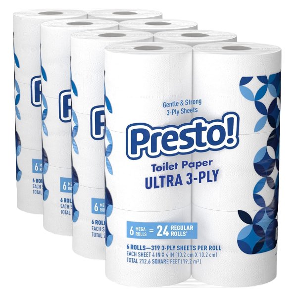 Amazon Brand – Presto! 319-Sheet Mega Roll Toilet Paper, Ultra 3-Ply, 24 Count