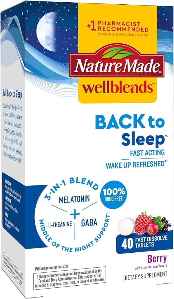 Wellblends Back to Sleep, Melatonin 1 mg, L theanine 100 mg, and GABA 100mg, Sleep Supplement, 40 Fast Dissolve Tablets