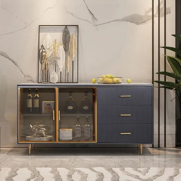 59" Modern Sideboard Sintered Stone Top Luxury Buffet Tempered Glass Doors in Large-Homary