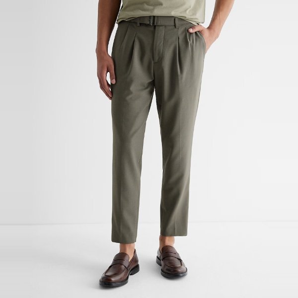 Extra Slim Olive Wool-blend Modern Tech Belted Suit Pant