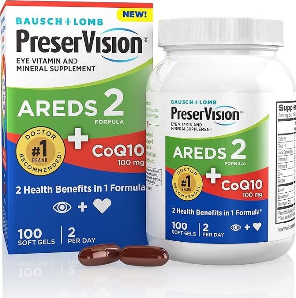 AREDS 2 Eye Vitamins with CoQ10 for Heart Health, Lutein, Zeaxanthin, Vitamin C & E, Zinc, Copper, 100 Softgels