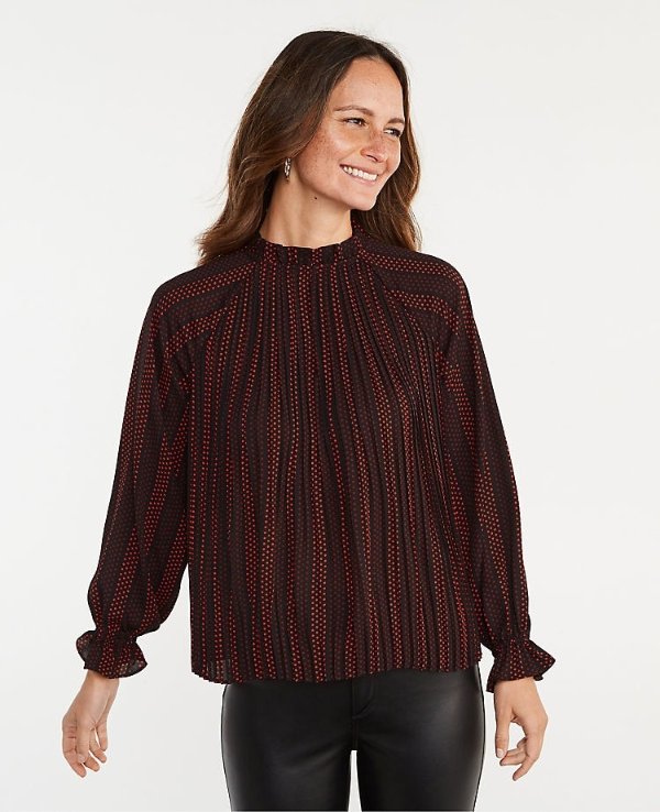 Dotted Ruffle Mixed Media Pleat Front Top | Ann Taylor