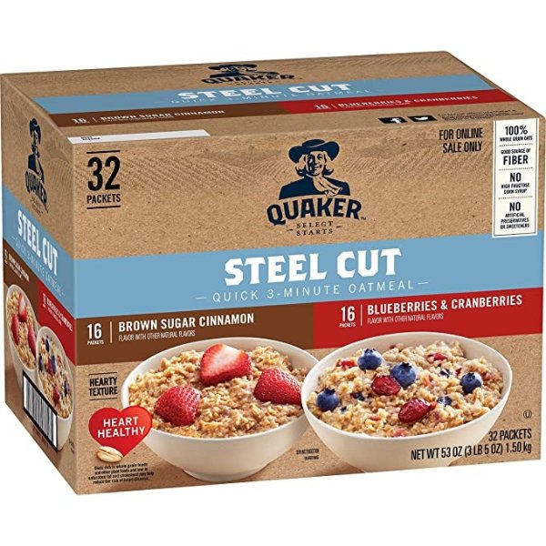 Steel Cut Quick 3-Minute Oatmeal, 2 Flavor Variety Pack, Individual Packets, 32 Count