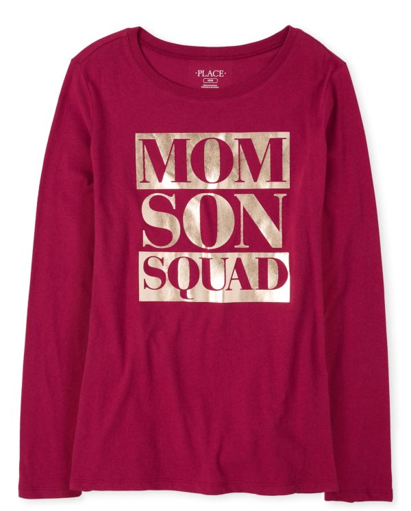 Womens Matching Family Long Sleeve Foil 'Mom Son Squad' Graphic Tee