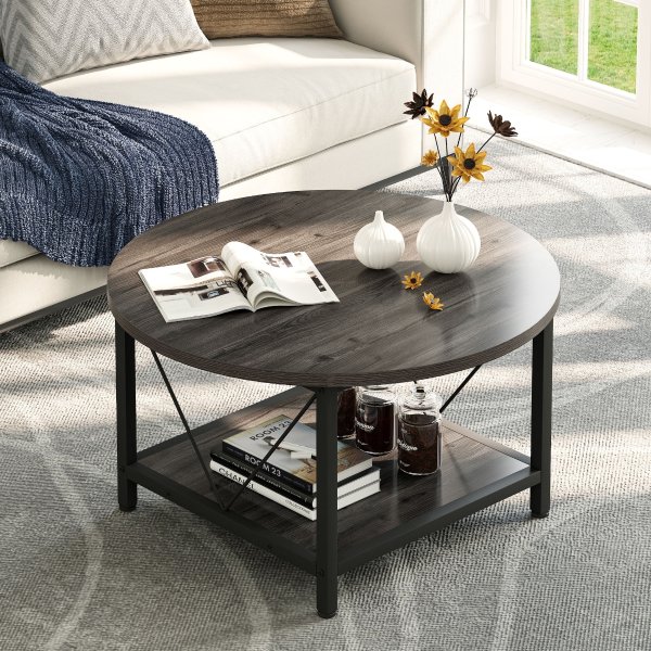 Round Coffee Table with Storage, Rustic Living Room Tables with Sturdy Metal Legs, Dark Gray