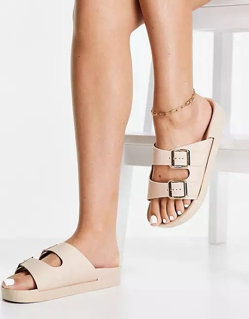wide fit double buckle footbed sandal