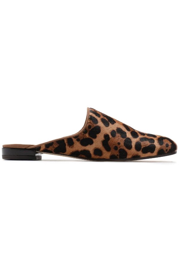 Leopard-print calf hair slippers
