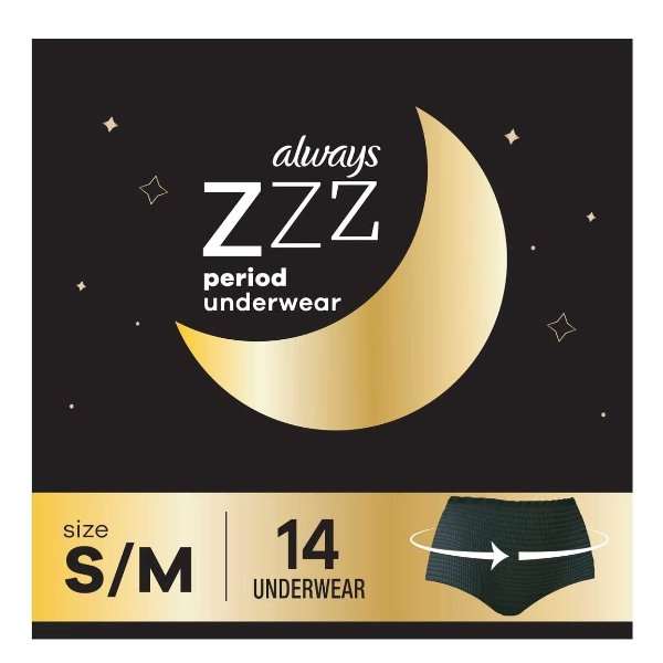 Zzzs Overnight Disposable Period Underwear For Women, Size Small/Medium, Black Period Panties, Leakproof, 7 Count x 2 Packs (14 Count total)