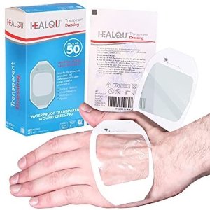 Healqu Transparent Film Dressing,  4" x 4.7" Pack of 50 Waterproof Wound Bandage