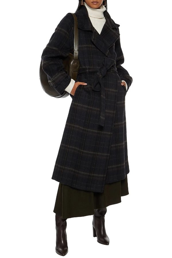 Belted checked brushed wool-blend coat