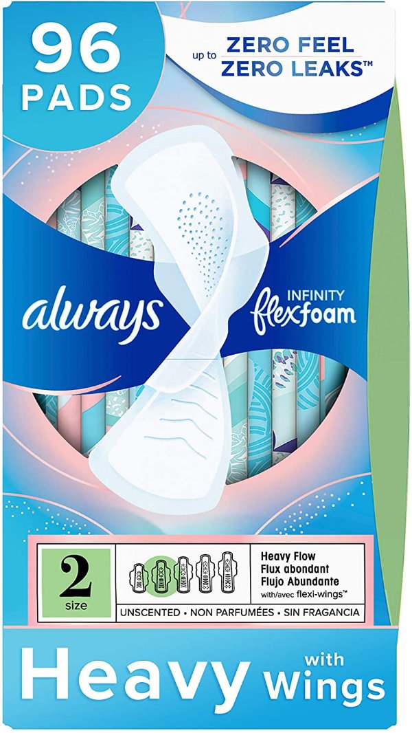 Infinity Feminine Pads for Women, Size 2, 96 Count