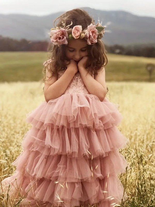 Flower Girl Lace Strappy Tiered Tutu Dress Layered Fit And Flare Dress With Tulle Wedding Birthday Girls Party Princess Dress
