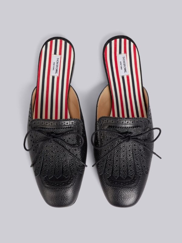 On sale- Black Pebbled Calfskin Kilted Loafer Mule | Shop Thom Browne official sale