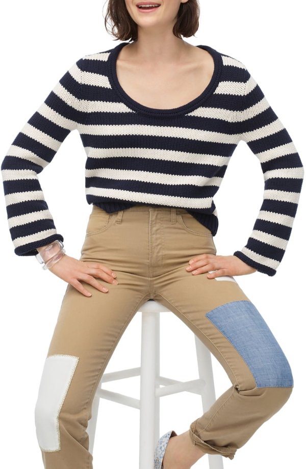 Stripe Rolled Scoop Neck Sweater