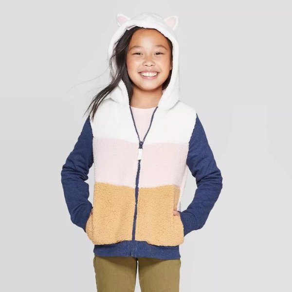 Girls' Long Sleeve Cat Sherpa Hoodie - Cat & Jack™ Navy/Pink/Cream