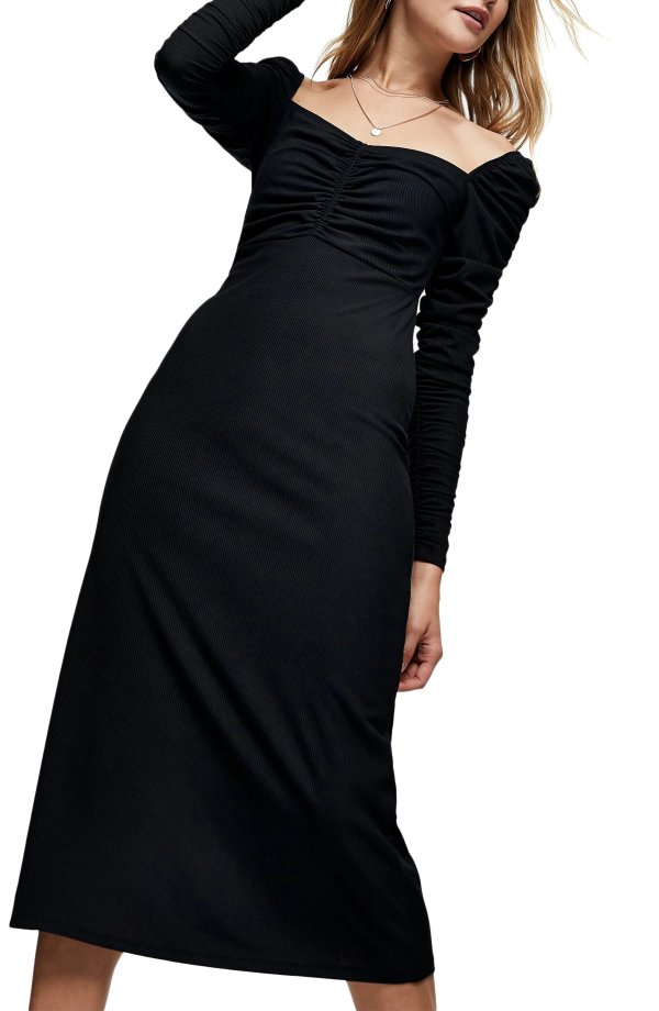 Ruched Long Sleeve Midi Dress