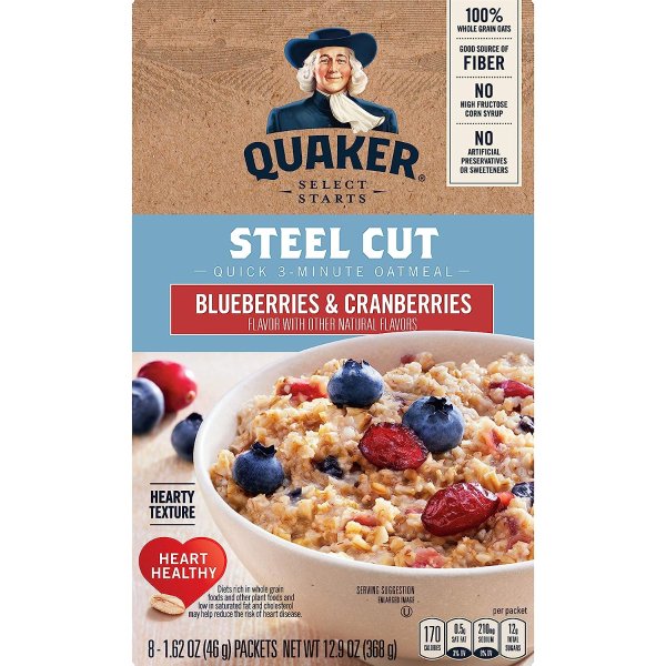 Quaker, Instant Steel Cut Oatmeal, Cranberries And Blueberries, 8 Ct