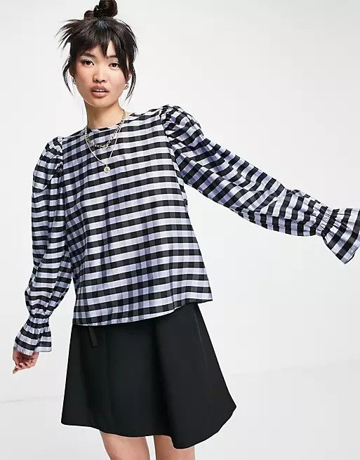 puff sleeve blouse in blue check