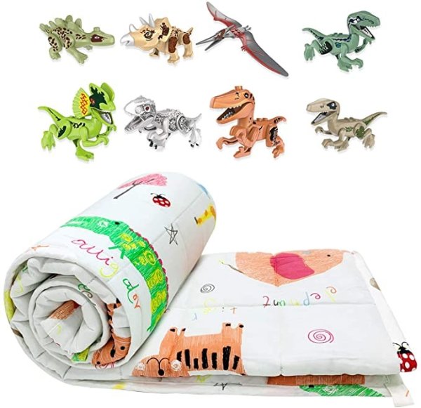 Kids Weighted Blanket 7lbs,41 x 60inches,with Dinosaur Blocks,100% Cotton Heavy Weighted Blanket for Kids and Toddlers Gift for Boys Girls Children