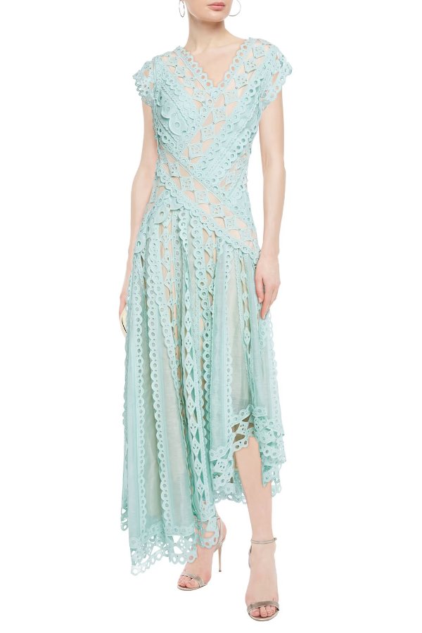 Moncur studded paneled broderie anglaise cotton and linen and silk-blend dress