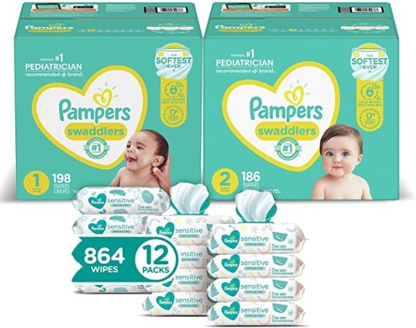 Baby Diapers and Wipes Starter Kit, Swaddlers Disposable Baby Diapers Sizes 1 (198 Count) & (186 Count) with Sensitive Water-Based Baby Wipes, 12 Pop-Top and Refill Combo Packs, 864 Count