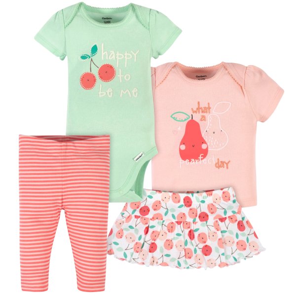 Baby Girls 4-Piece Cherries Onesies® Brand Bodysuit, Shirt, Skirted Panty, & Pants Set