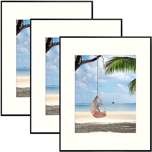 Golden State Art, 16x20 Aluminum Metal Frame with Ivory Mat for 11x14 Pictures, Includes with Sawtooth Hangers and Spring Clips - Wall Mounting - Real Glass (Black, 3 Pack)