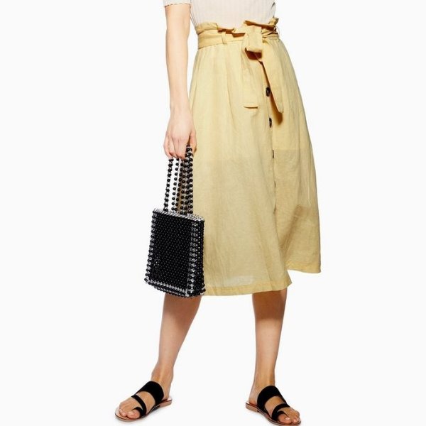 Button Midi Skirt with Linen