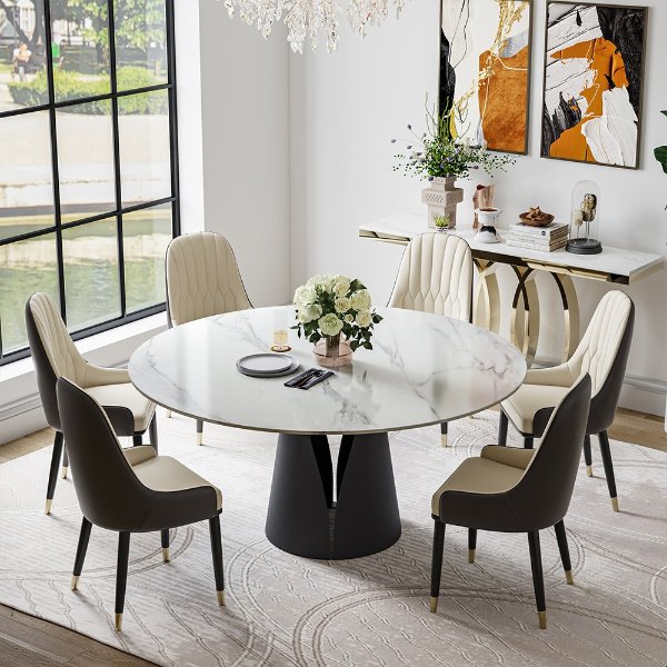 Modern Round Stone Dining Table with Sintered Stone Top for Dining Room Kitchen, Carbon Steel Base, 47"/51"/59"