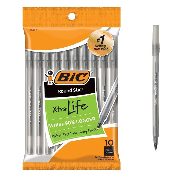 BIC Round Stic Xtra Life Ballpoint Pen, Medium Point (1.0mm), Black, 10-Count