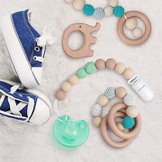 Pacifier Clip Baby Boys Silicone Paci Clip Teething Relief Teether Toy Soothie Binky Holder BPA Free Chewbeads Birthday Christmas Shower Gift Set of 2 (Beige, Grey)
