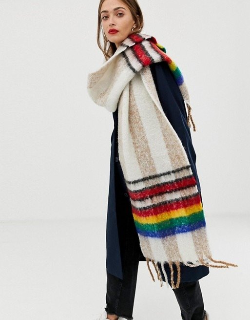 DESIGN oversized long fluffy check scarf with rainbow border at.com