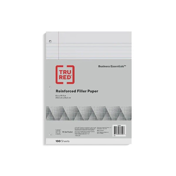 TRU RED™ Wide Ruled Filler Paper, 8" x 10.5", White, 100 Sheets/Pack (TR23904)