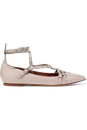 Eyelet-embellished smooth and patent-leather point-toe flats