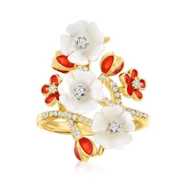8-9mm Shell Pearl and .30 ct. t.w. White Topaz Flower Ring in 18kt Gold Over Sterling with Red Enamel | Ross-Simons