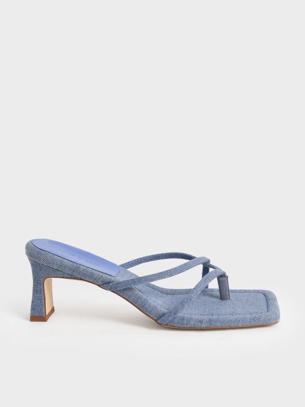 Blue Denim Strappy Heeled Thong Sandals | CHARLES &amp; KEITH