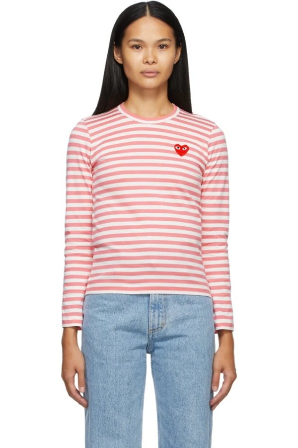 Pink & White Striped Heart Patch Long Sleeve T-Shirt