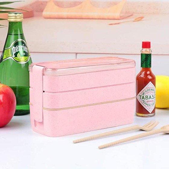 Bento Box for Kids Japanese Lunch Bento Box, 3-In-1 Compartment - Wheat Straw, Leakproof ，Microwave Safety，BPA free Kids Lunch Containers (Pink)