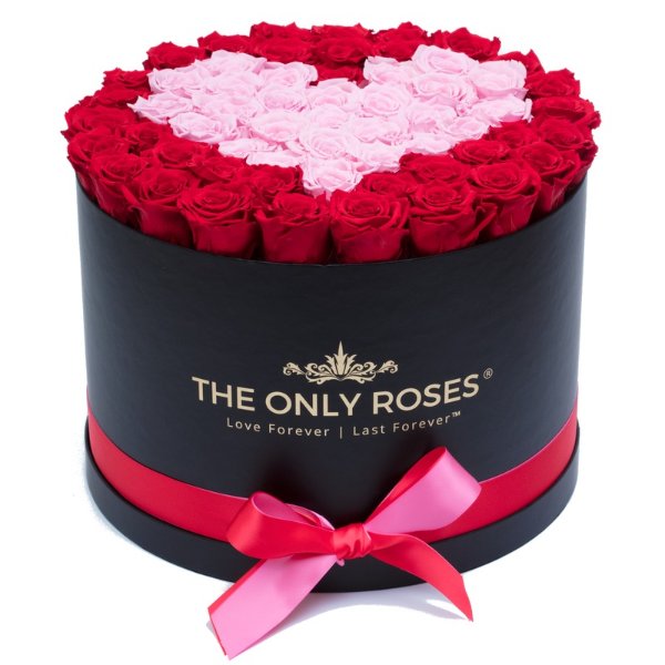 Red and Light Pink Heart Preserved Roses | Large Round Black Huggy Rose Box