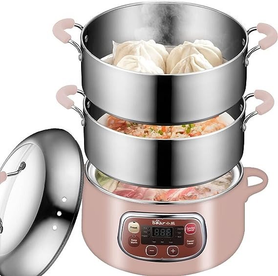 Electric Multifunctional Food Steamer, One Touch Digital Steamer with Timer, Vegetable Steamer 2 Tiered Stackable Stainless Steel Baskets, Auto Shut-off & Anti-dry Protection, 1200W Fast Heating, 8.5Quart, Pink
