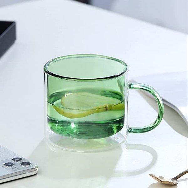 Clear&Colorful Double Walled Glass Coffee Mug with Lid (9oz), Candiicap Insulated Coffee Mug with Handle for Hot&Cold Drink, Clear Glass Cup for Latte, Cappuccino, Tea, Beer (9oz, Avocado Green)