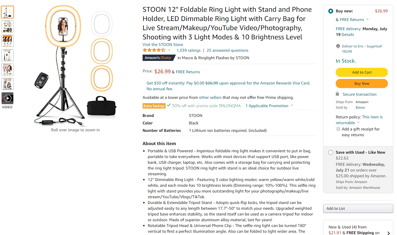 Amazon.com : STOON 12‘’可折叠环形补光灯，带蓝牙遥控、三脚架、便携包