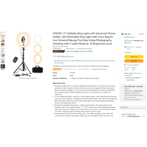$18.89 Amazon.com : STOON 12‘’可折叠环形补光灯，带蓝牙遥控、三脚架、便携包
