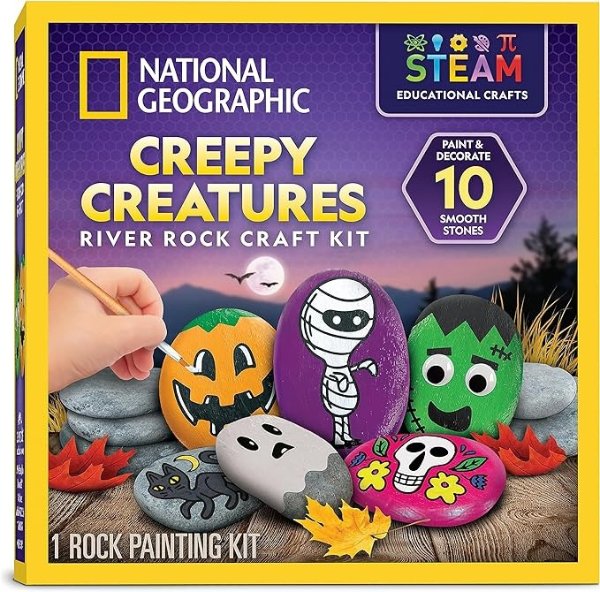 NATIONAL GEOGRAPHIC Creepy Creatures Rock Painting Kit - Halloween Arts & Crafts Kit for Kids, Decorate 10 River Rocks with 10 Paint Colors & More Spooky Art Supplies, Halloween Kids Toys
