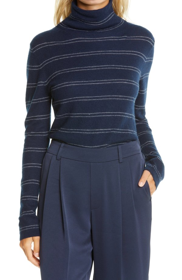 Stripe Fitted Cashmere Turtleneck Sweater