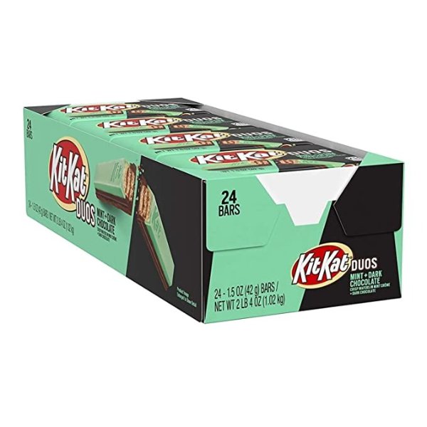 DUOS Mint and Dark Chocolate Wafer Candy Bars, Individually Wrapped, 1.5 oz Bulk Box (24 Count)