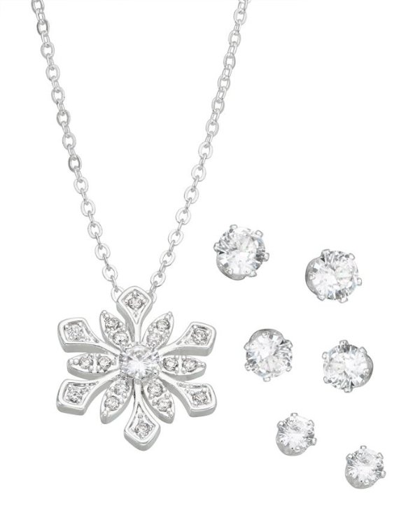 Fine Silver Plated Cubic Zirconia Snowflake Pendant and Three Piece Earring Set