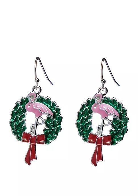 Silver Tone Flamingo Wreath Earrings